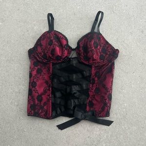 red/pink and black lace corset top